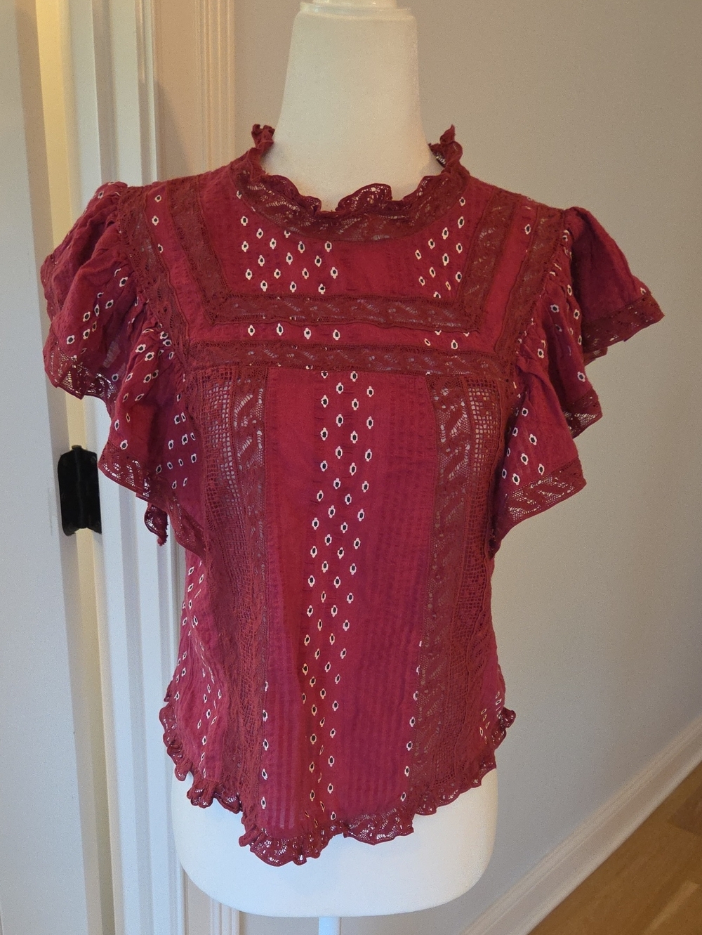 LoveShackFancy Red Eyelet Ruffle Blouse Size XXS Like New